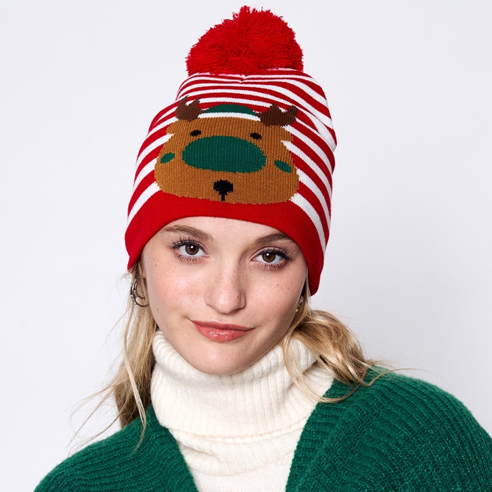 STRIPED RUDOLPH POM POM BEANIE HAT